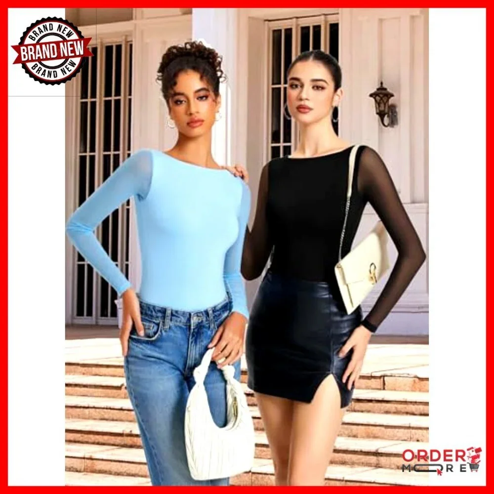 Long Sleeve Mesh Bodysuit Shapewear Boat Neck Snap Closure